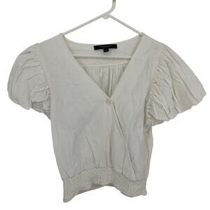 Marc New York Andrew Marc White Linen Blend Puff Sleeve Midi Wrap Top Size L